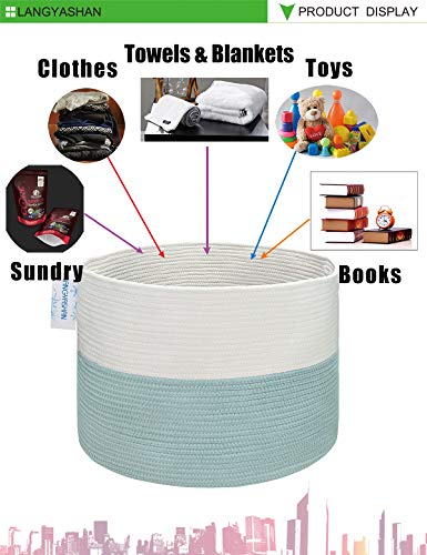 LANGYASHAN 21.65" x 13.78" XXXLarge Woven Cotton Rope Basket Decorative Blanket Basket for Living Room Toys Sofa Throws Storage Towels or Nursery Laundry Hamper Basket with Handles Laundry Basket (Blue)