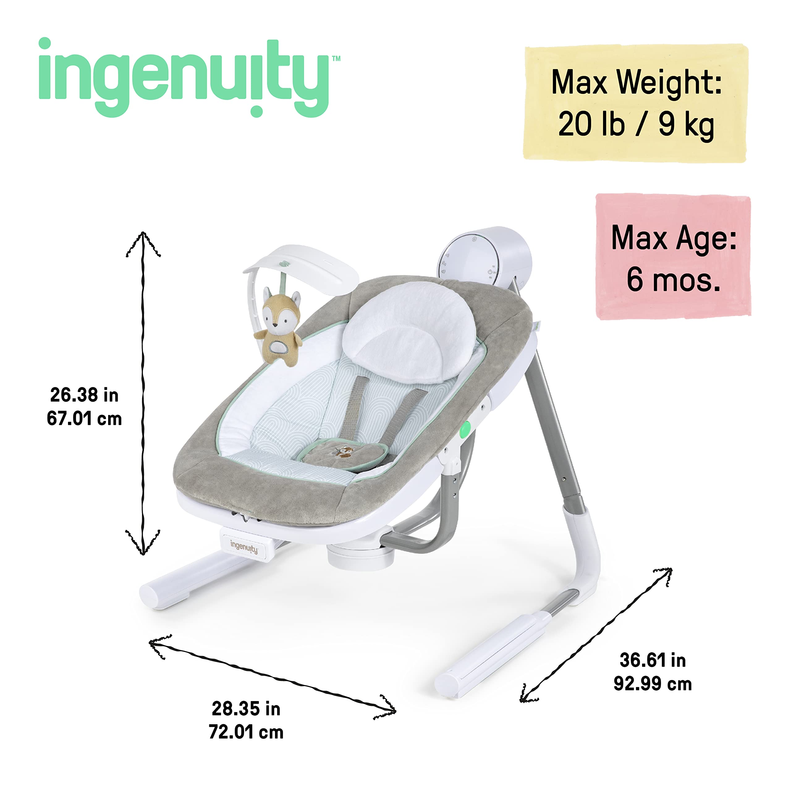 Ingenuity Anyway Sway 5-Speed Multi-Direction Portable Foldable Baby Swing & Infant Seat with Vibrations, Nature Sounds, 0-9 Months 6-20 lbs (Ray)