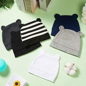 6 Pieces Newborn Baby Hat Bear Ears Infant Caps Baby Boy Girl Toddler Hats Infant Beanie Caps for 0-3 Months (Black White, Black, Navy Blue, Black Gray, Gray, White)