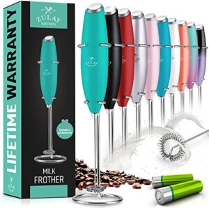 zulay powerful milk frother for coffee (batteries included) with upgraded titanium motor - handheld frother electric whisk, milk foamer, mini blender and electric mixer coffee frother, no stand - aqua