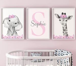 personalized safari animals for baby girls nursery bedroom unframed set of 3 poster prints, personalized name pink purple flowers wall art decor new baby gift present, elephant giraffe panda zebra lion (8x10)