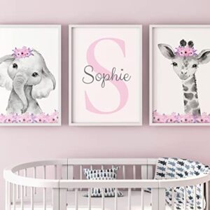 Personalized Safari Animals for Baby Girls Nursery Bedroom Unframed Set of 3 Poster Prints, Personalized Name Pink Purple Flowers Wall Art Decor New Baby Gift Present, Elephant Giraffe Panda Zebra Lion (8x10)