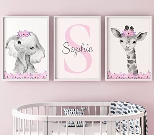 Personalized Safari Animals for Baby Girls Nursery Bedroom Unframed Set of 3 Poster Prints, Personalized Name Pink Purple Flowers Wall Art Decor New Baby Gift Present, Elephant Giraffe Panda Zebra Lion (8x10)