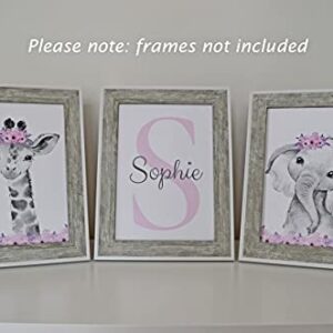 Personalized Safari Animals for Baby Girls Nursery Bedroom Unframed Set of 3 Poster Prints, Personalized Name Pink Purple Flowers Wall Art Decor New Baby Gift Present, Elephant Giraffe Panda Zebra Lion (8x10)