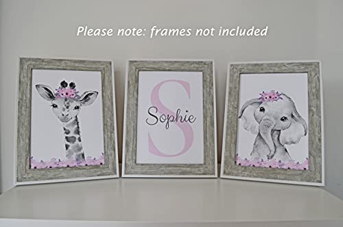 Personalized Safari Animals for Baby Girls Nursery Bedroom Unframed Set of 3 Poster Prints, Personalized Name Pink Purple Flowers Wall Art Decor New Baby Gift Present, Elephant Giraffe Panda Zebra Lion (8x10)