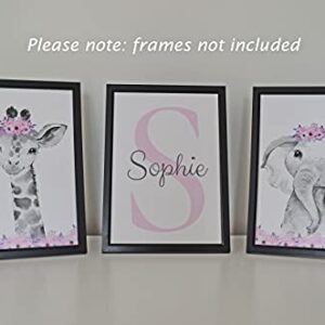 Personalized Safari Animals for Baby Girls Nursery Bedroom Unframed Set of 3 Poster Prints, Personalized Name Pink Purple Flowers Wall Art Decor New Baby Gift Present, Elephant Giraffe Panda Zebra Lion (8x10)