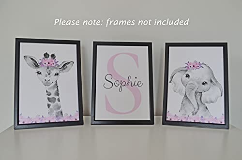 Personalized Safari Animals for Baby Girls Nursery Bedroom Unframed Set of 3 Poster Prints, Personalized Name Pink Purple Flowers Wall Art Decor New Baby Gift Present, Elephant Giraffe Panda Zebra Lion (8x10)