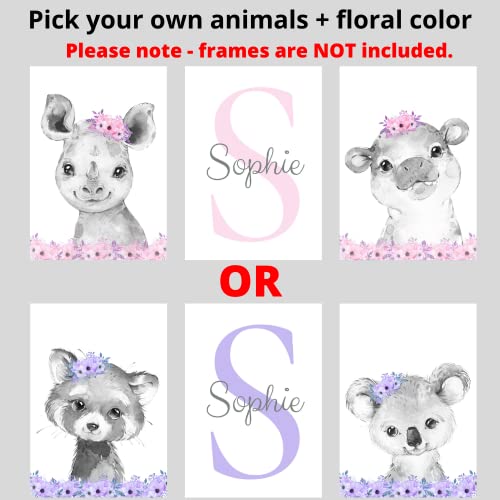 Personalized Safari Animals for Baby Girls Nursery Bedroom Unframed Set of 3 Poster Prints, Personalized Name Pink Purple Flowers Wall Art Decor New Baby Gift Present, Elephant Giraffe Panda Zebra Lion (8x10)