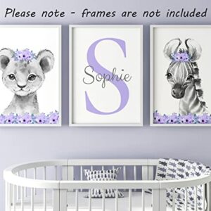 Personalized Safari Animals for Baby Girls Nursery Bedroom Unframed Set of 3 Poster Prints, Personalized Name Pink Purple Flowers Wall Art Decor New Baby Gift Present, Elephant Giraffe Panda Zebra Lion (8x10)