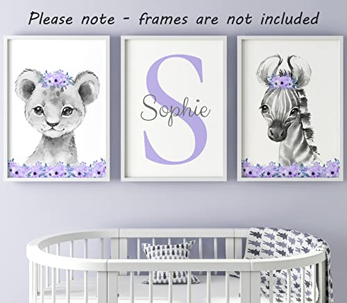 Personalized Safari Animals for Baby Girls Nursery Bedroom Unframed Set of 3 Poster Prints, Personalized Name Pink Purple Flowers Wall Art Decor New Baby Gift Present, Elephant Giraffe Panda Zebra Lion (8x10)