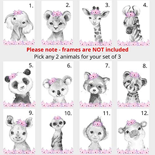 Personalized Safari Animals for Baby Girls Nursery Bedroom Unframed Set of 3 Poster Prints, Personalized Name Pink Purple Flowers Wall Art Decor New Baby Gift Present, Elephant Giraffe Panda Zebra Lion (8x10)