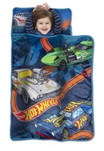hot wheels race car toddler nap-mat - includes pillow & fleece blanket – great for boys and girls napping at daycare, preschool, or kindergarten - fits sleeping toddlers and young children