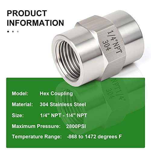 TAISHER 2PCS Forging of 304 Stainless Steel Pipe Fitting, Coupling, 1/4-Inch Female Pipe x 1/4-Inch Female Pipe