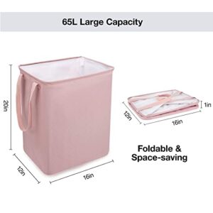 2 Pack Laundry Basket, NOBLE DUCK 65L Collapsible Foldable Laundry Hamper with Handles for Dirty Clothes, Toys Organizer, Pink Laudry Basket for Baby Girls