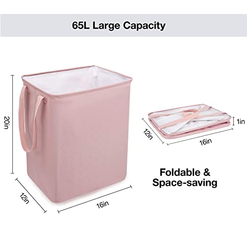 2 Pack Laundry Basket, NOBLE DUCK 65L Collapsible Foldable Laundry Hamper with Handles for Dirty Clothes, Toys Organizer, Pink Laudry Basket for Baby Girls