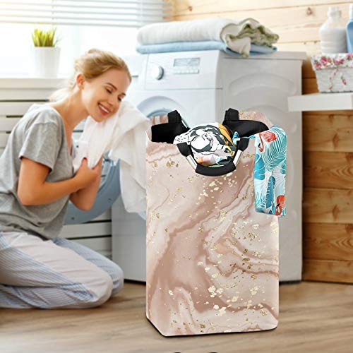 Qilmy Large Laundry Basket Collapsible Clothes Hamper, Waterproof Nursery Storage Bin with Handle Clothing Baskets for Bedroom Bathroom, Marble Rose Gold