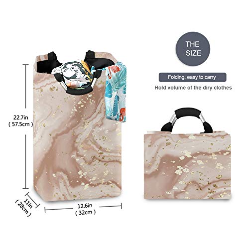 Qilmy Large Laundry Basket Collapsible Clothes Hamper, Waterproof Nursery Storage Bin with Handle Clothing Baskets for Bedroom Bathroom, Marble Rose Gold