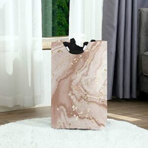 Qilmy Large Laundry Basket Collapsible Clothes Hamper, Waterproof Nursery Storage Bin with Handle Clothing Baskets for Bedroom Bathroom, Marble Rose Gold