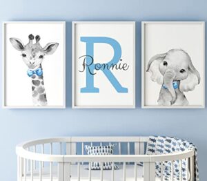 personalized safari animals for baby boys nursery bedroom unframed set of 3 poster prints, personalized name blue green yellow bow tie wall art decor new baby gift present, elephant giraffe lion zebra (8x10)