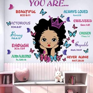 black girl you are beautiful inspirational quote wall decal with butterflies motivational saying positive sticker decor african american girl bedroom wall sticker for baby bedroom wall art decoration for kid toddler room.