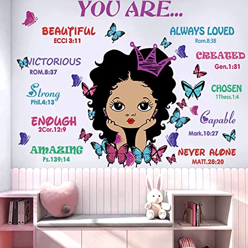 Black Girl You Are Beautiful Inspirational Quote Wall Decal with Butterflies Motivational Saying Positive Sticker Decor African American Girl Bedroom Wall Sticker for Baby Bedroom Wall Art Decoration for Kid Toddler Room.