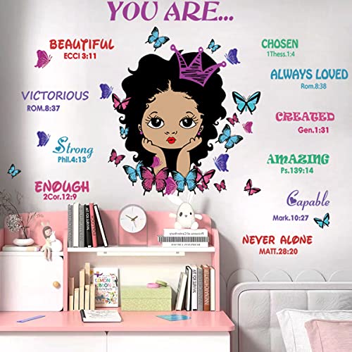 Black Girl You Are Beautiful Inspirational Quote Wall Decal with Butterflies Motivational Saying Positive Sticker Decor African American Girl Bedroom Wall Sticker for Baby Bedroom Wall Art Decoration for Kid Toddler Room.