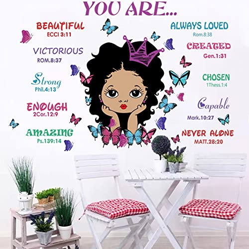 Black Girl You Are Beautiful Inspirational Quote Wall Decal with Butterflies Motivational Saying Positive Sticker Decor African American Girl Bedroom Wall Sticker for Baby Bedroom Wall Art Decoration for Kid Toddler Room.