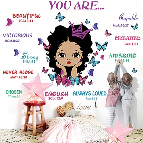 Black Girl You Are Beautiful Inspirational Quote Wall Decal with Butterflies Motivational Saying Positive Sticker Decor African American Girl Bedroom Wall Sticker for Baby Bedroom Wall Art Decoration for Kid Toddler Room.