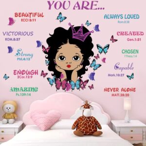 Black Girl You Are Beautiful Inspirational Quote Wall Decal with Butterflies Motivational Saying Positive Sticker Decor African American Girl Bedroom Wall Sticker for Baby Bedroom Wall Art Decoration for Kid Toddler Room.