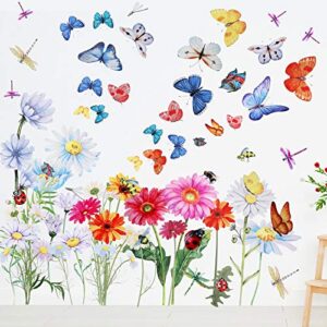 64 pcs flowers butterflies wall decals chrysanthemums dragonflies wall sticker botanical peel and stick art removable pvc garden decal for kids nursery classroom bedroom decor(colorful)