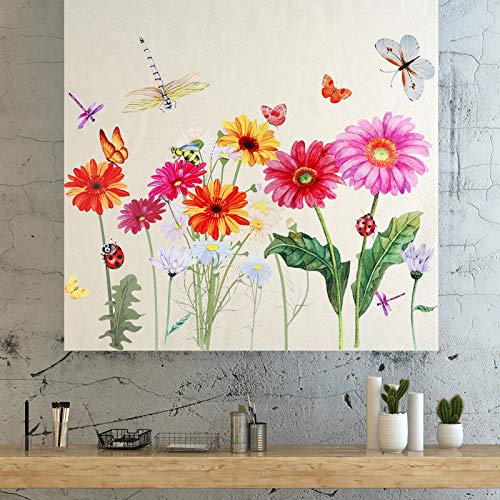 64 Pcs Flowers Butterflies Wall Decals Chrysanthemums Dragonflies Wall Sticker Botanical Peel and Stick Art Removable PVC Garden Decal for Kids Nursery Classroom Bedroom Decor(Colorful)