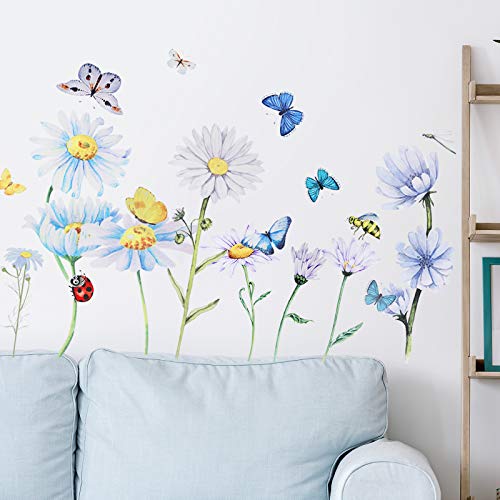 64 Pcs Flowers Butterflies Wall Decals Chrysanthemums Dragonflies Wall Sticker Botanical Peel and Stick Art Removable PVC Garden Decal for Kids Nursery Classroom Bedroom Decor(Colorful)