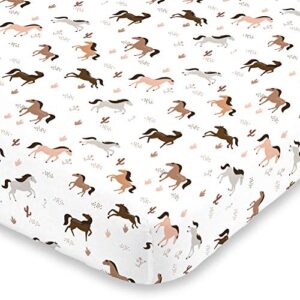nojo desert sunset horse tan, taupe, brown & white super soft fitted mini crib sheet, tan, brown, grey, white
