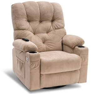 mcombo electric power swivel glider rocker recliner chair with cup holders for nursery, hand remote control, usb ports, 2 side & front pockets, plush fabric 7797 (beige)