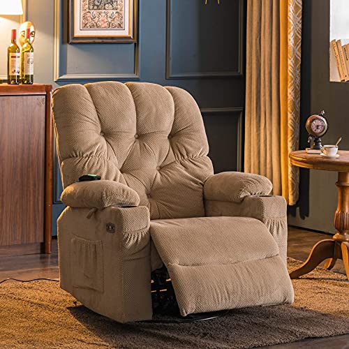 MCombo Electric Power Swivel Glider Rocker Recliner Chair with Cup Holders for Nursery, Hand Remote Control, USB Ports, 2 Side & Front Pockets, Plush Fabric 7797 (Beige)
