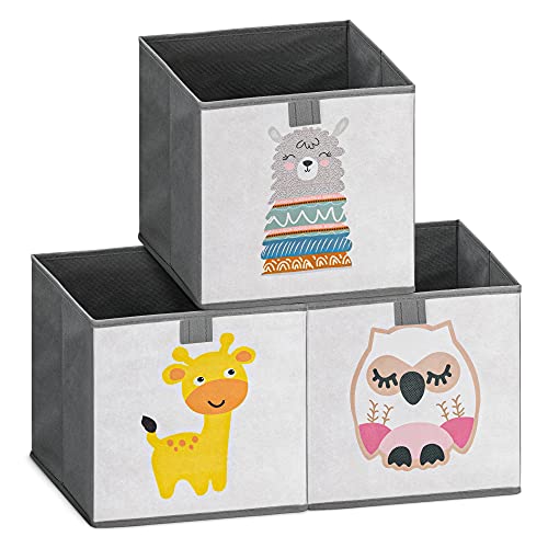 Navaris Kids Storage Cubes (Set of 3) - Storage Boxes 11x11x11 with Animal Designs - Children's Cube Bins Fabric Organizer Bin - Alpaca/Giraffe/Owl