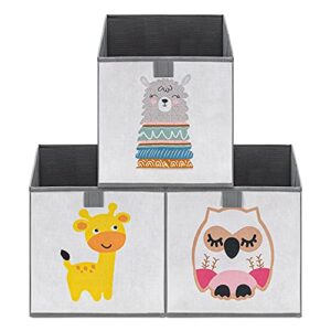 Navaris Kids Storage Cubes (Set of 3) - Storage Boxes 11x11x11 with Animal Designs - Children's Cube Bins Fabric Organizer Bin - Alpaca/Giraffe/Owl