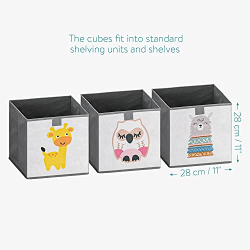 Navaris Kids Storage Cubes (Set of 3) - Storage Boxes 11x11x11 with Animal Designs - Children's Cube Bins Fabric Organizer Bin - Alpaca/Giraffe/Owl