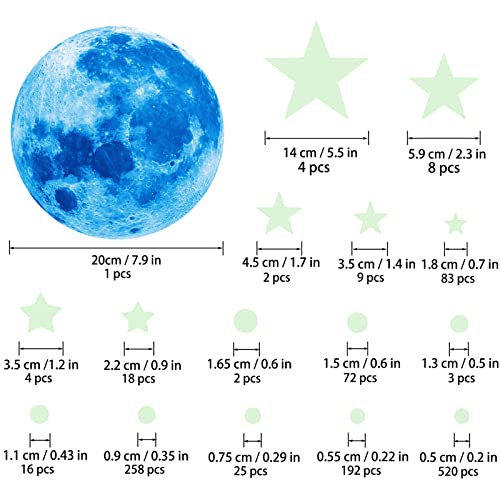 Glow in The Dark Stars for Ceiling,Glow in The Dark Stars and Moon Wall Decals, 1088 Pcs Ceiling Stars Glow in The Dark Kids Wall Decors, Perfect for Kids Nursery Bedroom Living Room (Blue)