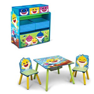 baby shark kids table and chair set with storage (2 chairs included) plus design & store 6 bin toy storage organizer - ideal for arts & crafts, homeschooling, homework & more by delta children