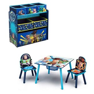 delta children kids table and chair set with storage (2 chairs included) plus design and store 6-bin toy storage organizer - arts & crafts, homeschooling, homework & more, disney/pixar toy story 4