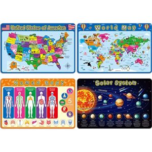 4 pieces educational preschool placemats for toddlers and kids, non slip washable reusable learning placemats for nursery homeschool kindergarten classroom supplies (map, human body, solar system)