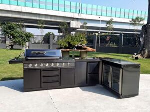 modular 4 piece island electric and propane or natural gas bbq outdoor black stainless steel grill kitchen with double wine refrigerator, sink, rotisserie, black marble top and free protective canvas cover