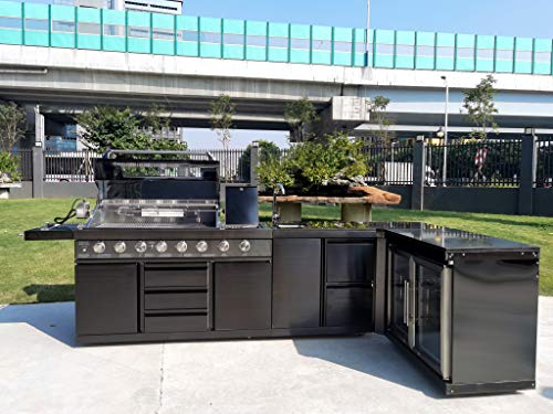 Modular 4 Piece Island Electric and Propane or Natural Gas BBQ Outdoor Black Stainless Steel Grill Kitchen with Double Wine Refrigerator, Sink, Rotisserie, Black Marble Top and FREE Protective Canvas Cover