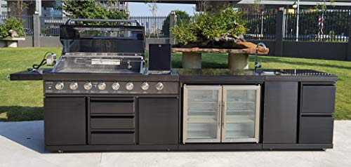 Modular 4 Piece Island Electric and Propane or Natural Gas BBQ Outdoor Black Stainless Steel Grill Kitchen with Double Wine Refrigerator, Sink, Rotisserie, Black Marble Top and FREE Protective Canvas Cover