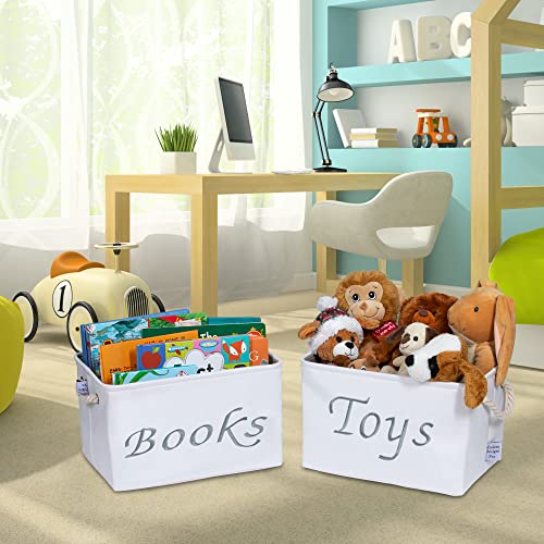 Embroidered Tote Bin - Storage Basket for Nursery - Large Storage Box - Organizing Bedroom, Closet, Classroom (White Book Basket)