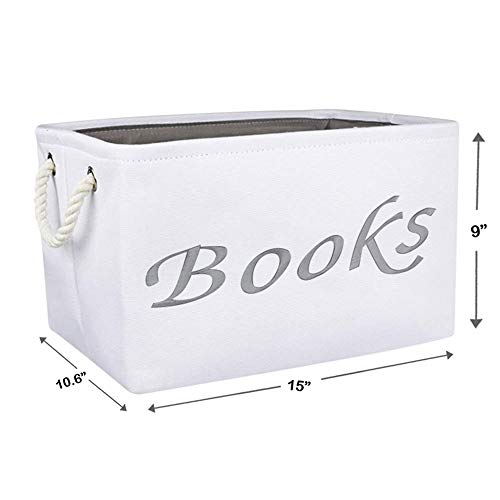 Embroidered Tote Bin - Storage Basket for Nursery - Large Storage Box - Organizing Bedroom, Closet, Classroom (White Book Basket)