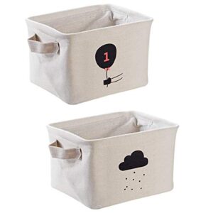2 pack collapsible small canvas fabric storage basket with handles, square mini storage box, foldable shelf basket, closet, desk organizer for nursery, home, office (balloon+clouds)