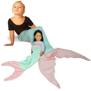 everyday educate mermaid tail blanket for girls - kids fleece blanket made by minky plush - includes a free newborn blanket - makes great gift for ages (0 months to 11 years) (aqua/pink)