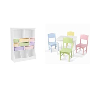 kidkraft wooden wall storage unit with 8 plastic bins and 13 compartments - white, gift for ages 3+ and nantucket kid's wooden table & 4 chairs set with wainscoting detail, pastel, gift for ages 3-8